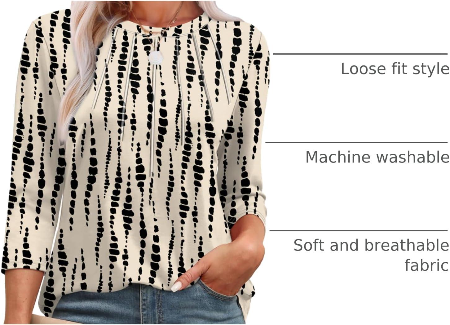 imageXIEERDUO 34 Length Sleeve Womens Tops Round Neck Casual Tunic Tops Basic Pleated Shirts Loose Fit 2025Patternedkhaki Printed