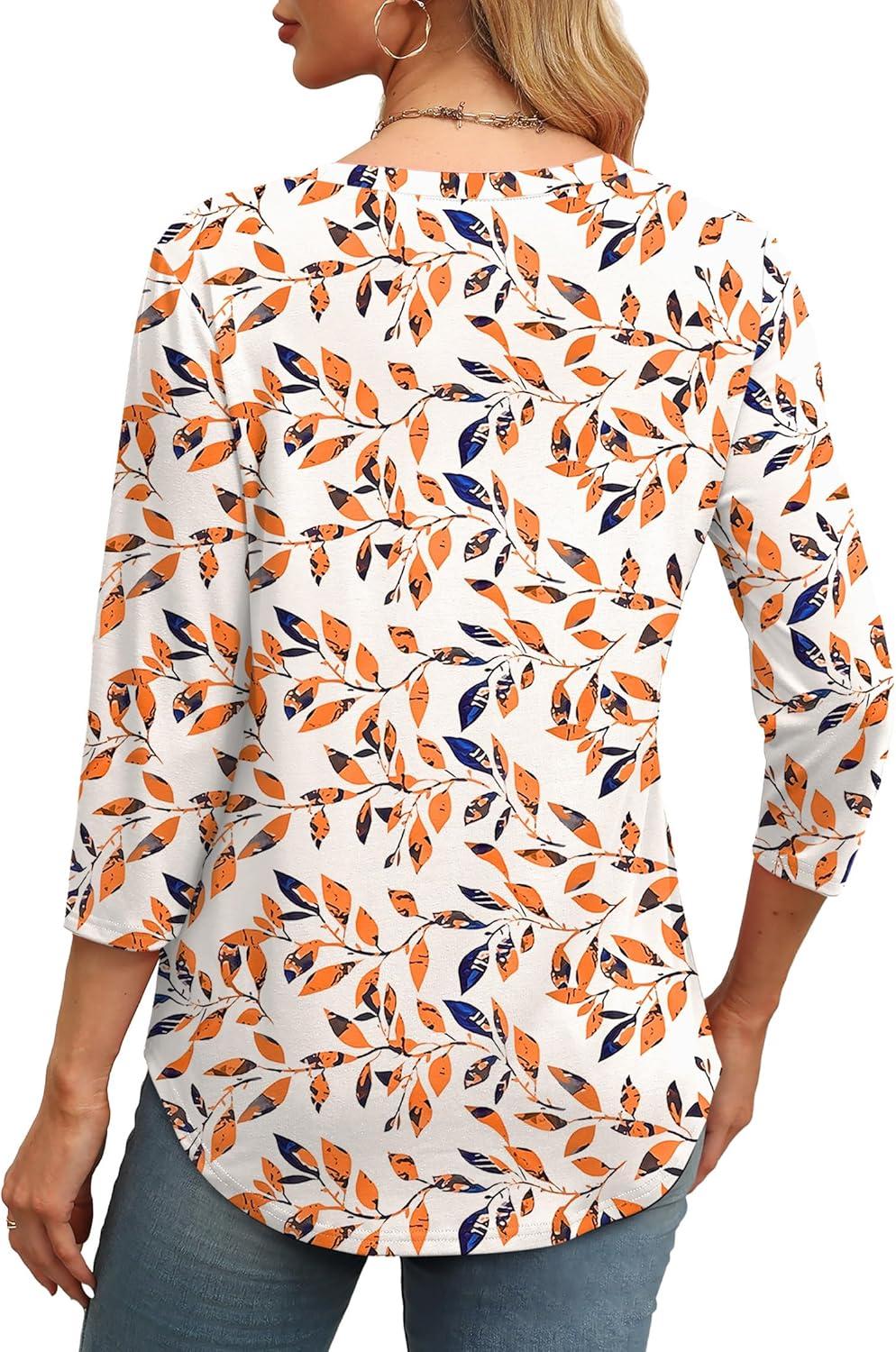 imageXIEERDUO 34 Length Sleeve Womens Tops Round Neck Casual Tunic Tops Basic Pleated Shirts Loose Fit 2025Patternedleaf Printed