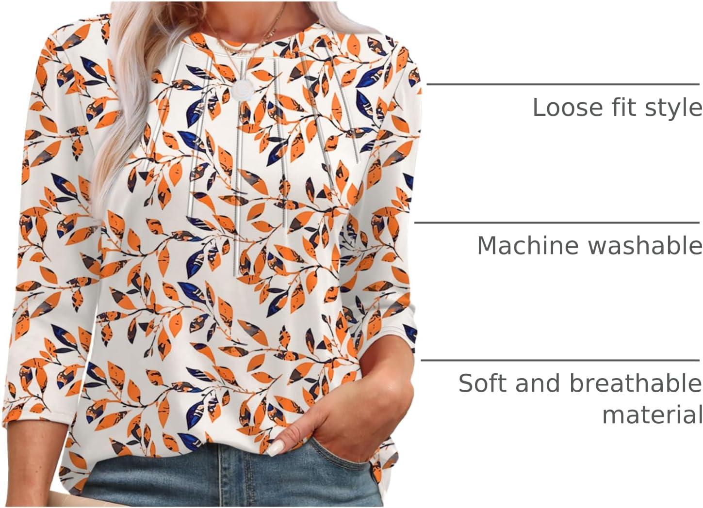 imageXIEERDUO 34 Length Sleeve Womens Tops Round Neck Casual Tunic Tops Basic Pleated Shirts Loose Fit 2025Patternedleaf Printed