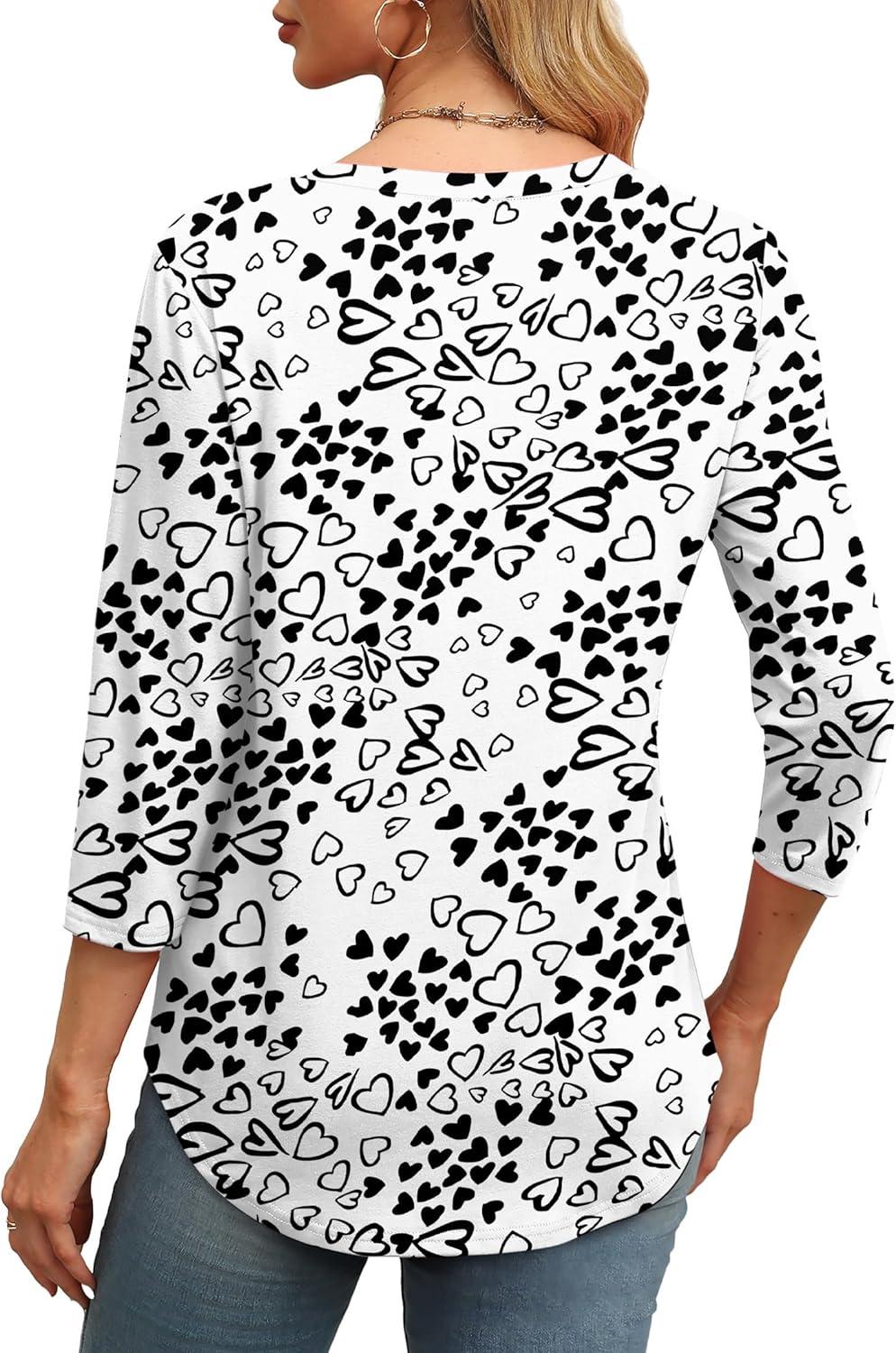 imageXIEERDUO 34 Length Sleeve Womens Tops Round Neck Casual Tunic Tops Basic Pleated Shirts Loose Fit 2025Patternedlove Print