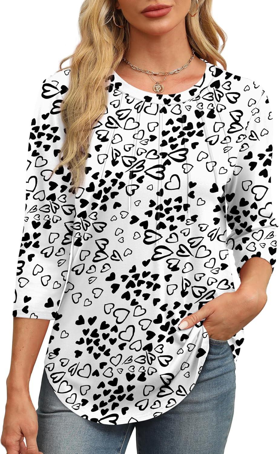 imageXIEERDUO 34 Length Sleeve Womens Tops Round Neck Casual Tunic Tops Basic Pleated Shirts Loose Fit 2025Patternedlove Print