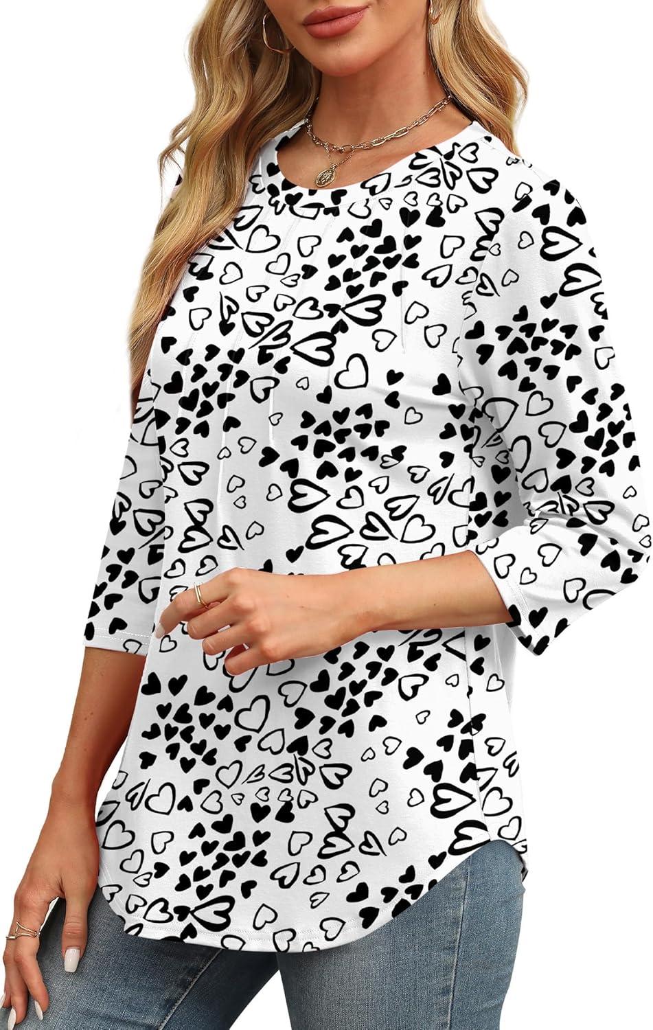 imageXIEERDUO 34 Length Sleeve Womens Tops Round Neck Casual Tunic Tops Basic Pleated Shirts Loose Fit 2025Patternedlove Print