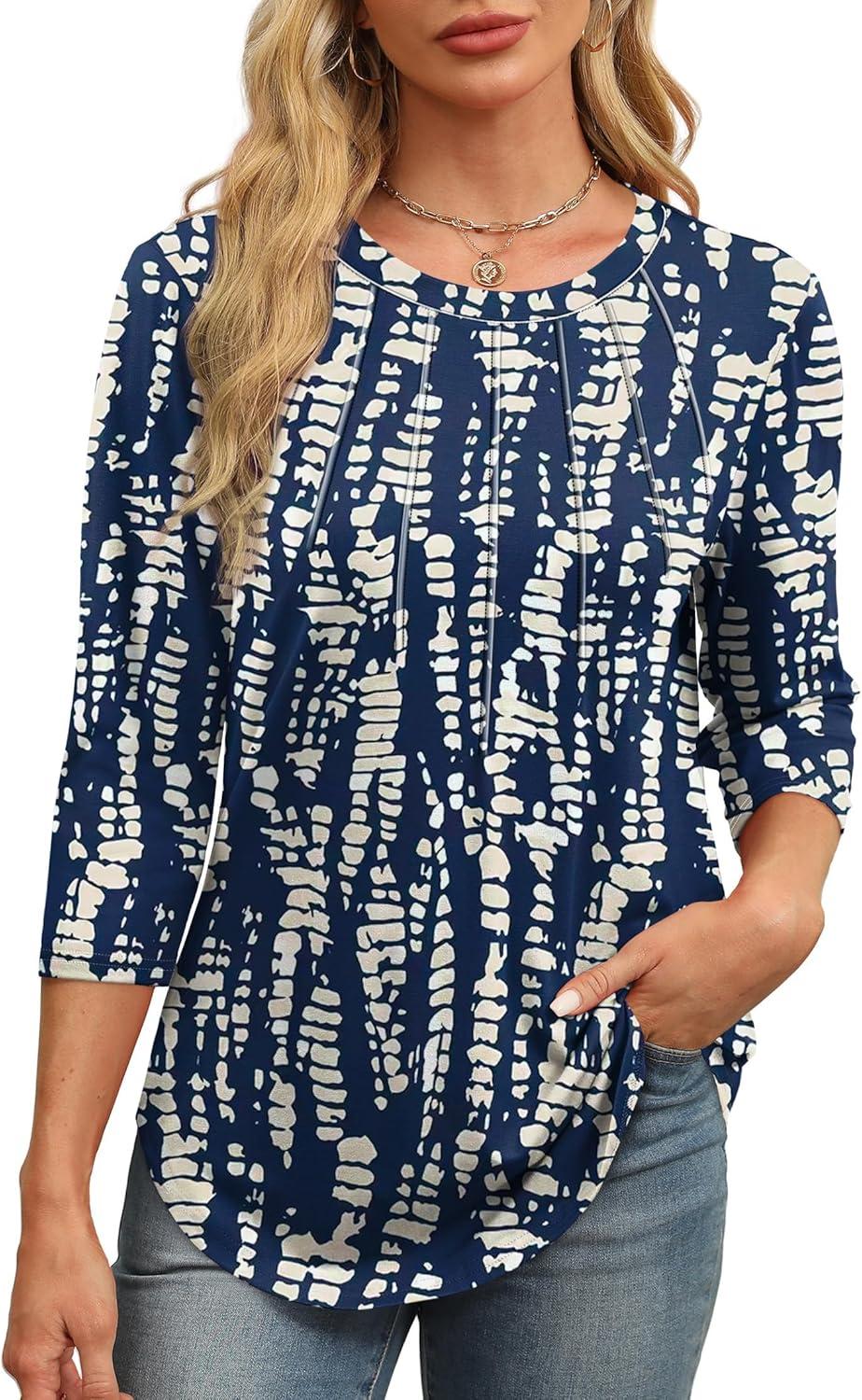 imageXIEERDUO 34 Length Sleeve Womens Tops Round Neck Casual Tunic Tops Basic Pleated Shirts Loose Fit 2025Patternednavy Printed