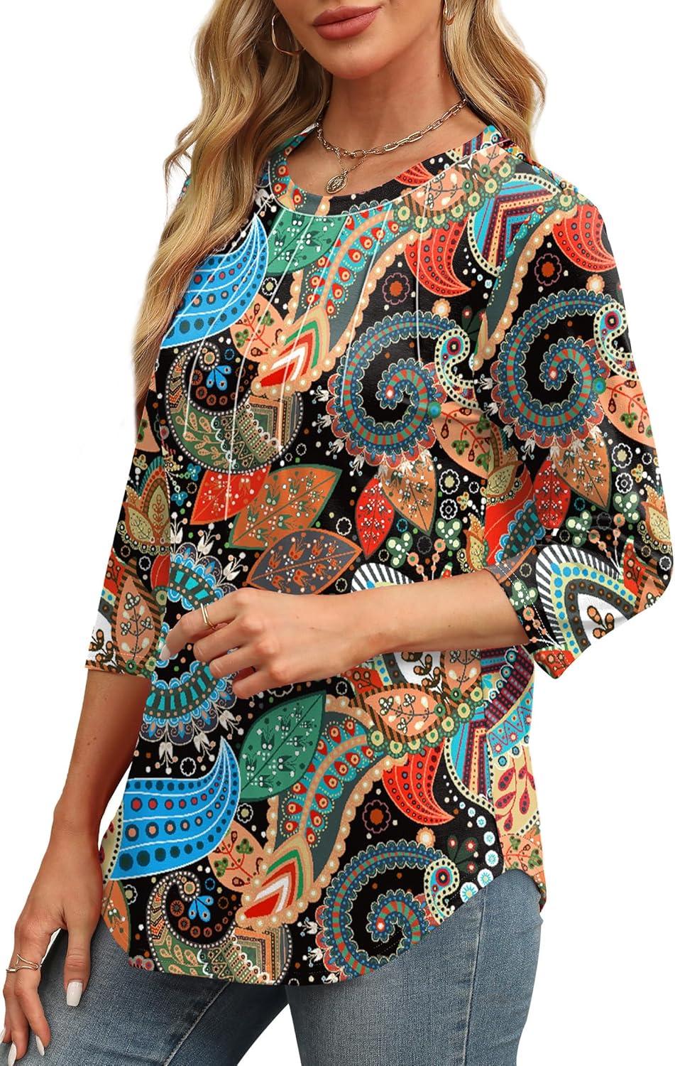 imageXIEERDUO 34 Length Sleeve Womens Tops Round Neck Casual Tunic Tops Basic Pleated Shirts Loose Fit 2025Patternedorange Floral