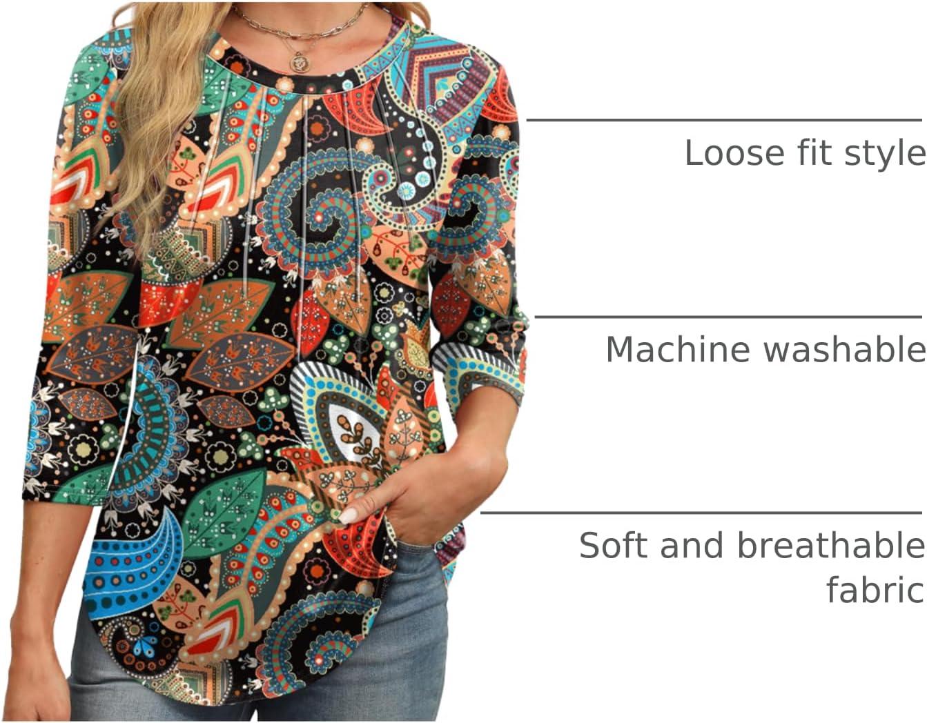 imageXIEERDUO 34 Length Sleeve Womens Tops Round Neck Casual Tunic Tops Basic Pleated Shirts Loose Fit 2025Patternedorange Floral