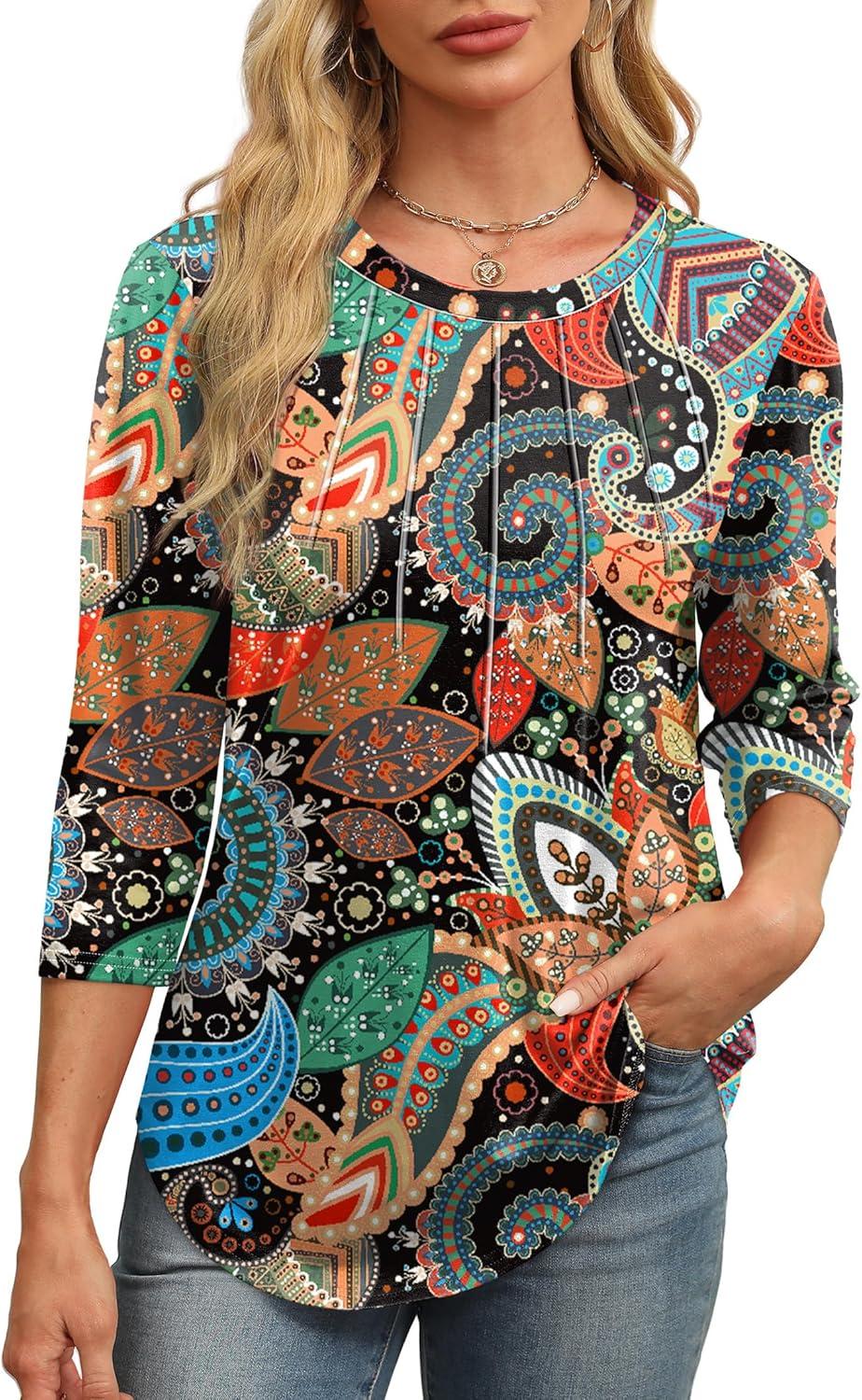 imageXIEERDUO 34 Length Sleeve Womens Tops Round Neck Casual Tunic Tops Basic Pleated Shirts Loose Fit 2025Patternedorange Floral