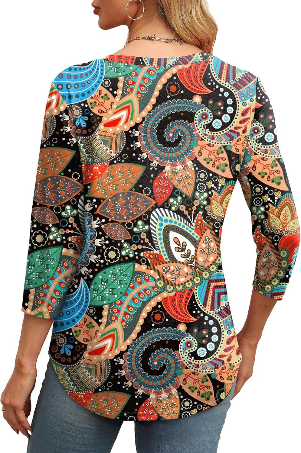 imageXIEERDUO 34 Length Sleeve Womens Tops Round Neck Casual Tunic Tops Basic Pleated Shirts Loose Fit 2025Patternedorange Floral