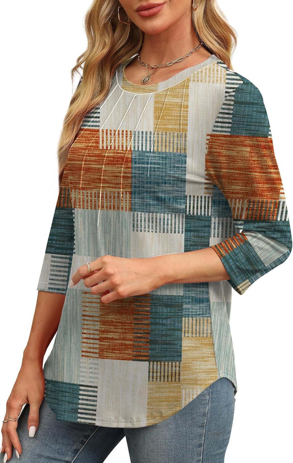 imageXIEERDUO 34 Length Sleeve Womens Tops Round Neck Casual Tunic Tops Basic Pleated Shirts Loose Fit 2025Patternedorange and Blue Plaid
