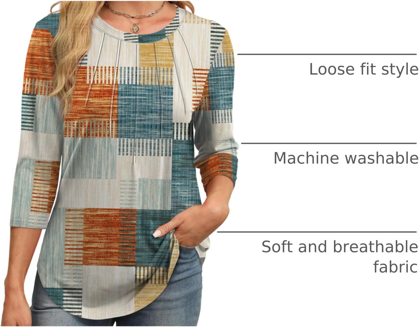 imageXIEERDUO 34 Length Sleeve Womens Tops Round Neck Casual Tunic Tops Basic Pleated Shirts Loose Fit 2025Patternedorange and Blue Plaid