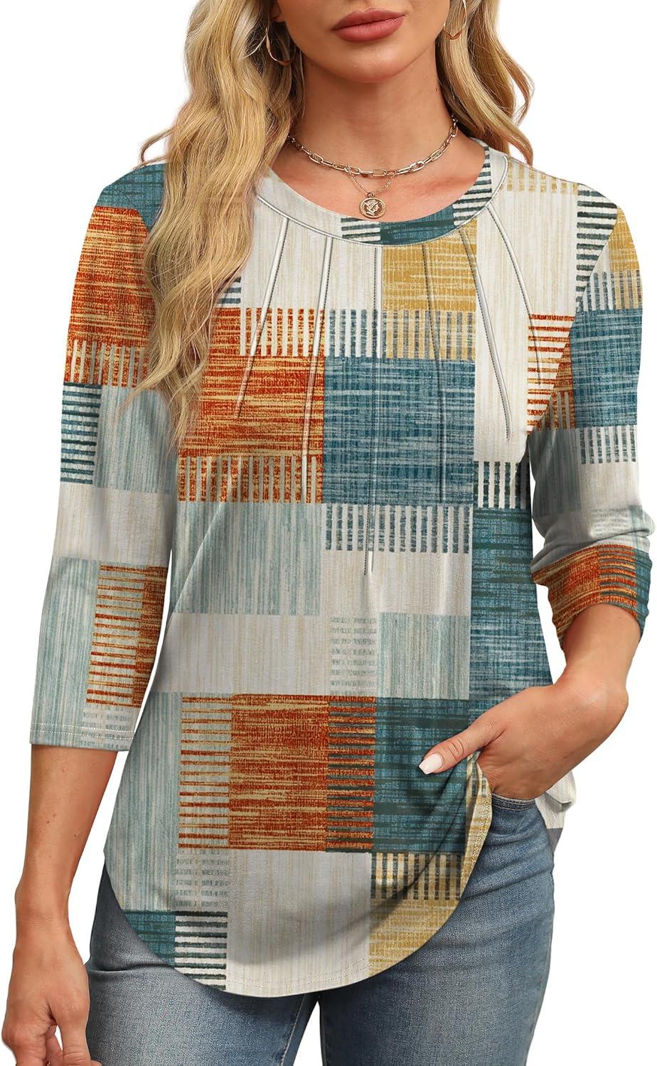 imageXIEERDUO 34 Length Sleeve Womens Tops Round Neck Casual Tunic Tops Basic Pleated Shirts Loose Fit 2025Patternedorange and Blue Plaid