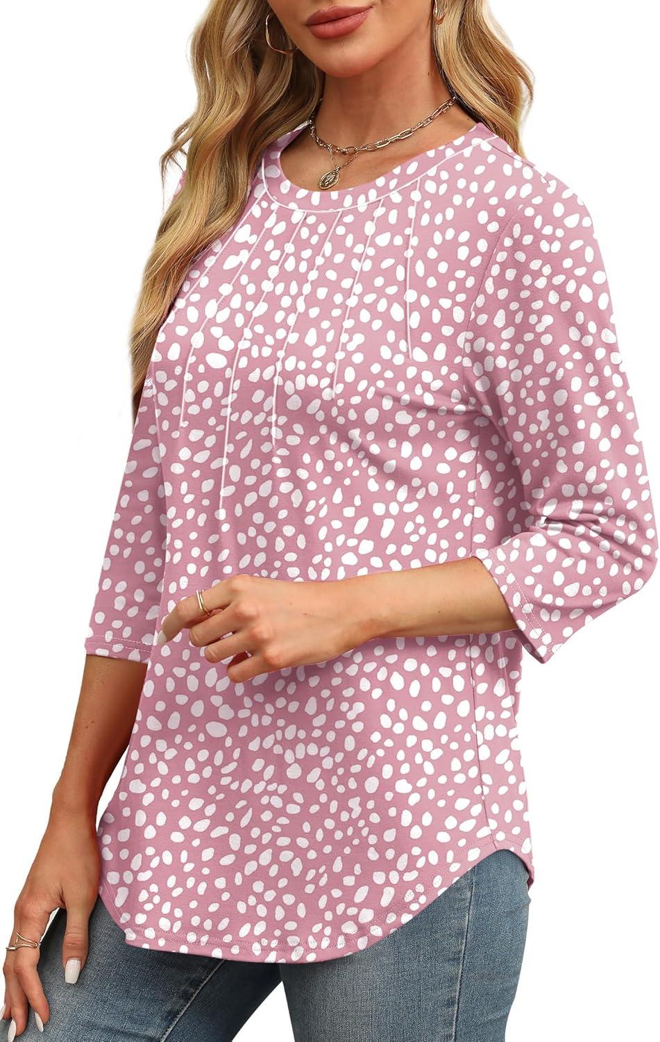 imageXIEERDUO 34 Length Sleeve Womens Tops Round Neck Casual Tunic Tops Basic Pleated Shirts Loose Fit 2025Patternedpink Dot