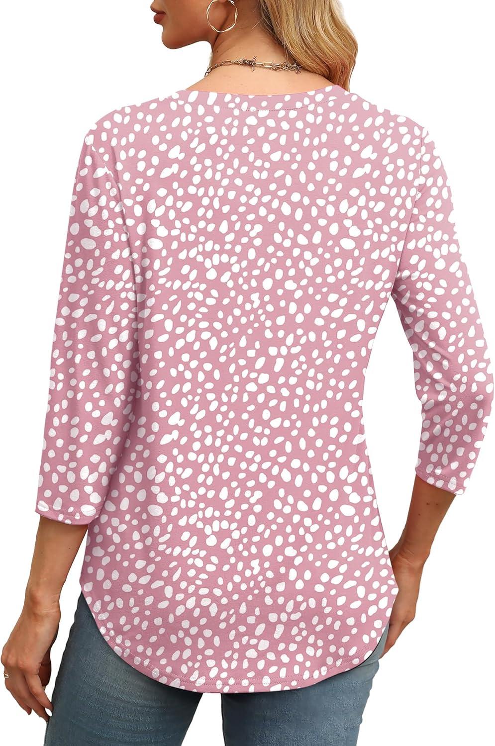 imageXIEERDUO 34 Length Sleeve Womens Tops Round Neck Casual Tunic Tops Basic Pleated Shirts Loose Fit 2025Patternedpink Dot