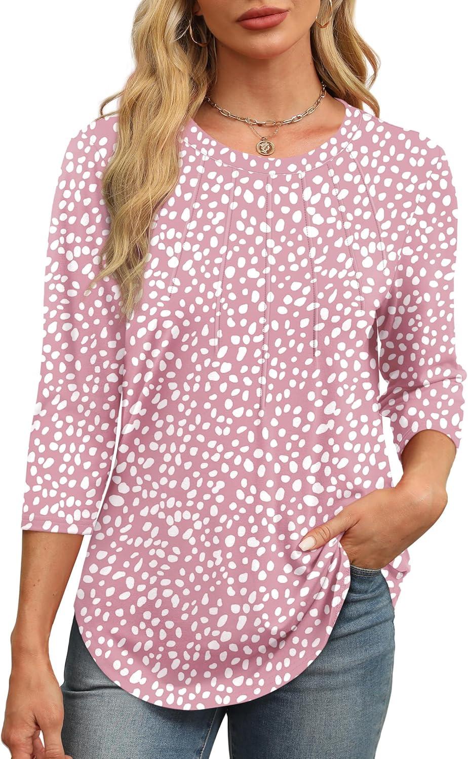 imageXIEERDUO 34 Length Sleeve Womens Tops Round Neck Casual Tunic Tops Basic Pleated Shirts Loose Fit 2025Patternedpink Dot