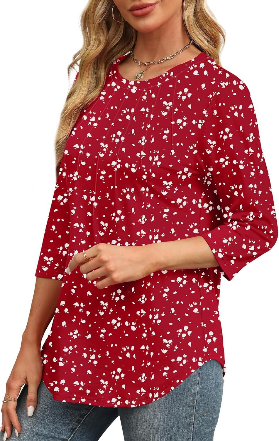 imageXIEERDUO 34 Length Sleeve Womens Tops Round Neck Casual Tunic Tops Basic Pleated Shirts Loose Fit 2025Patternedred Print