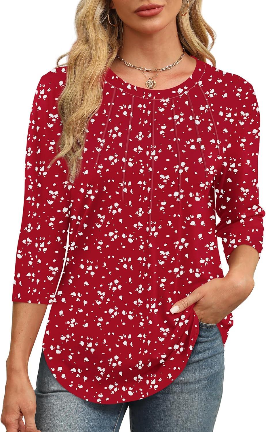 imageXIEERDUO 34 Length Sleeve Womens Tops Round Neck Casual Tunic Tops Basic Pleated Shirts Loose Fit 2025Patternedred Print