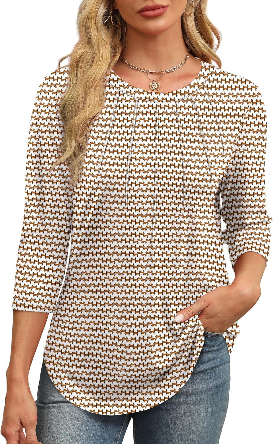 imageXIEERDUO 34 Length Sleeve Womens Tops Round Neck Casual Tunic Tops Basic Pleated Shirts Loose Fit 2025Patternedstripe