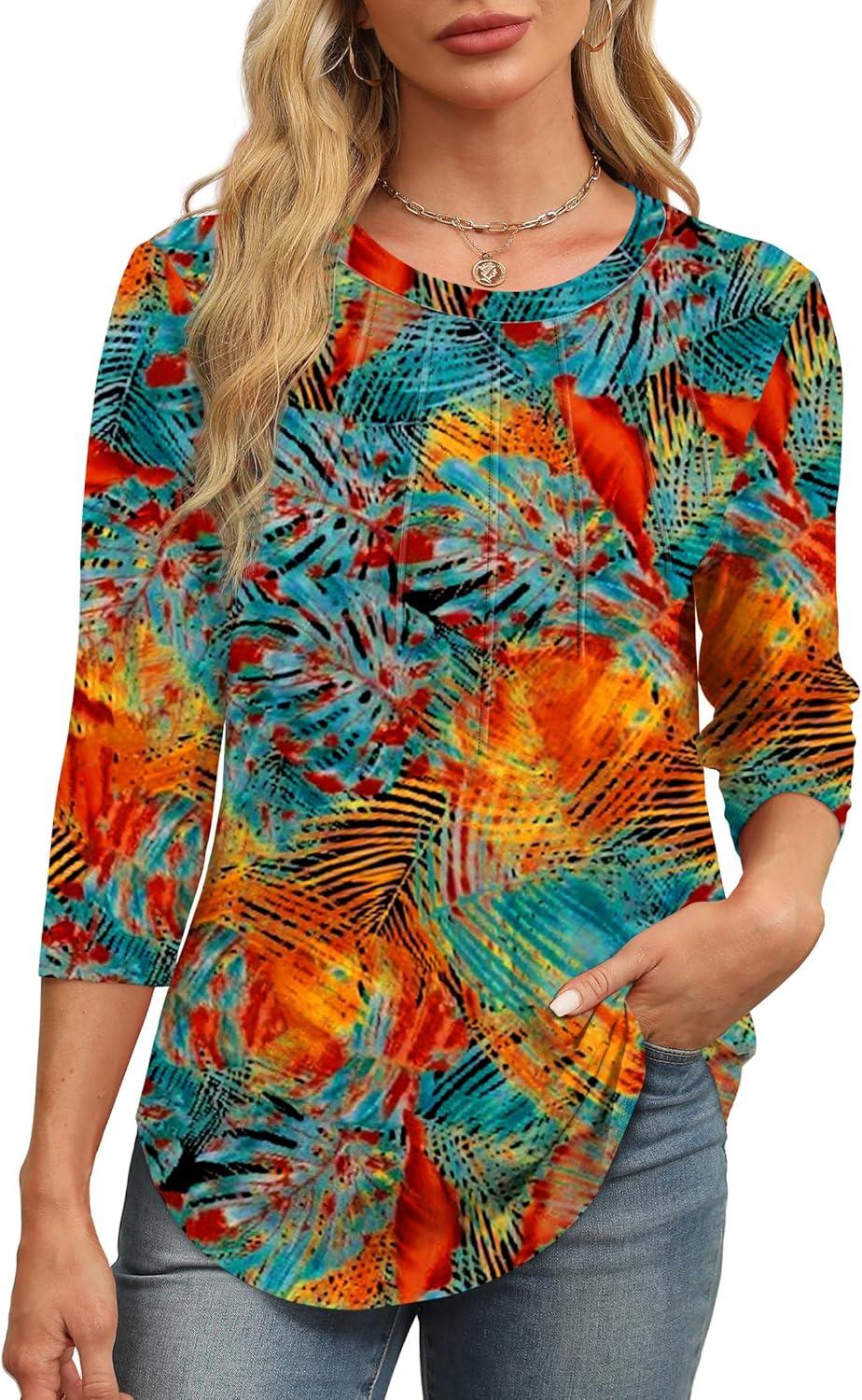 imageXIEERDUO 34 Length Sleeve Womens Tops Round Neck Casual Tunic Tops Basic Pleated Shirts Loose Fit 2025Patternedsummer Floral