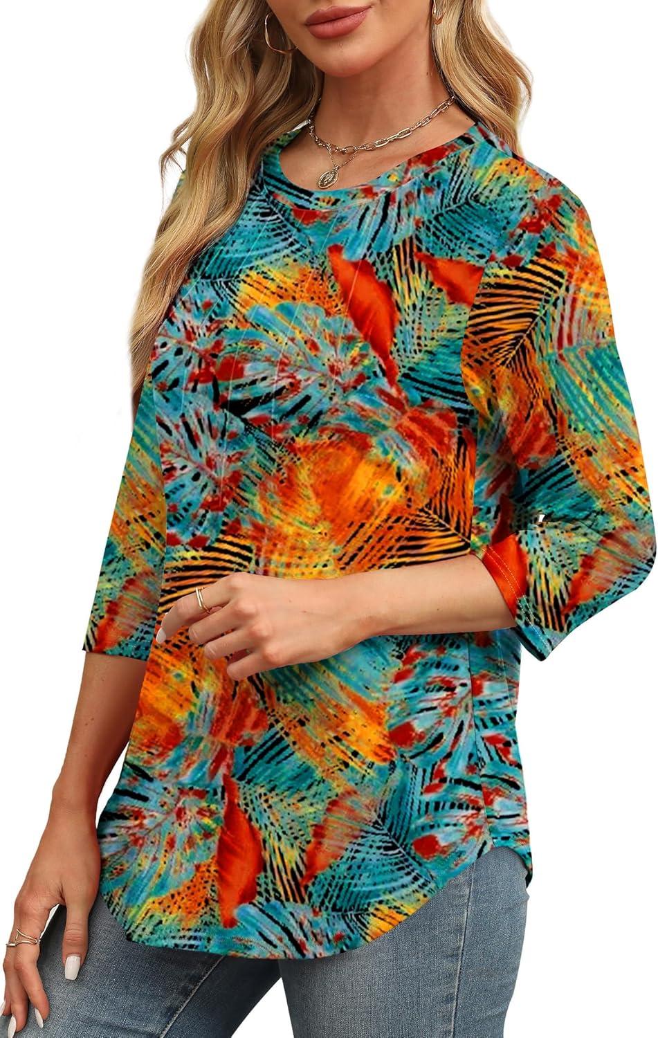 imageXIEERDUO 34 Length Sleeve Womens Tops Round Neck Casual Tunic Tops Basic Pleated Shirts Loose Fit 2025Patternedsummer Floral