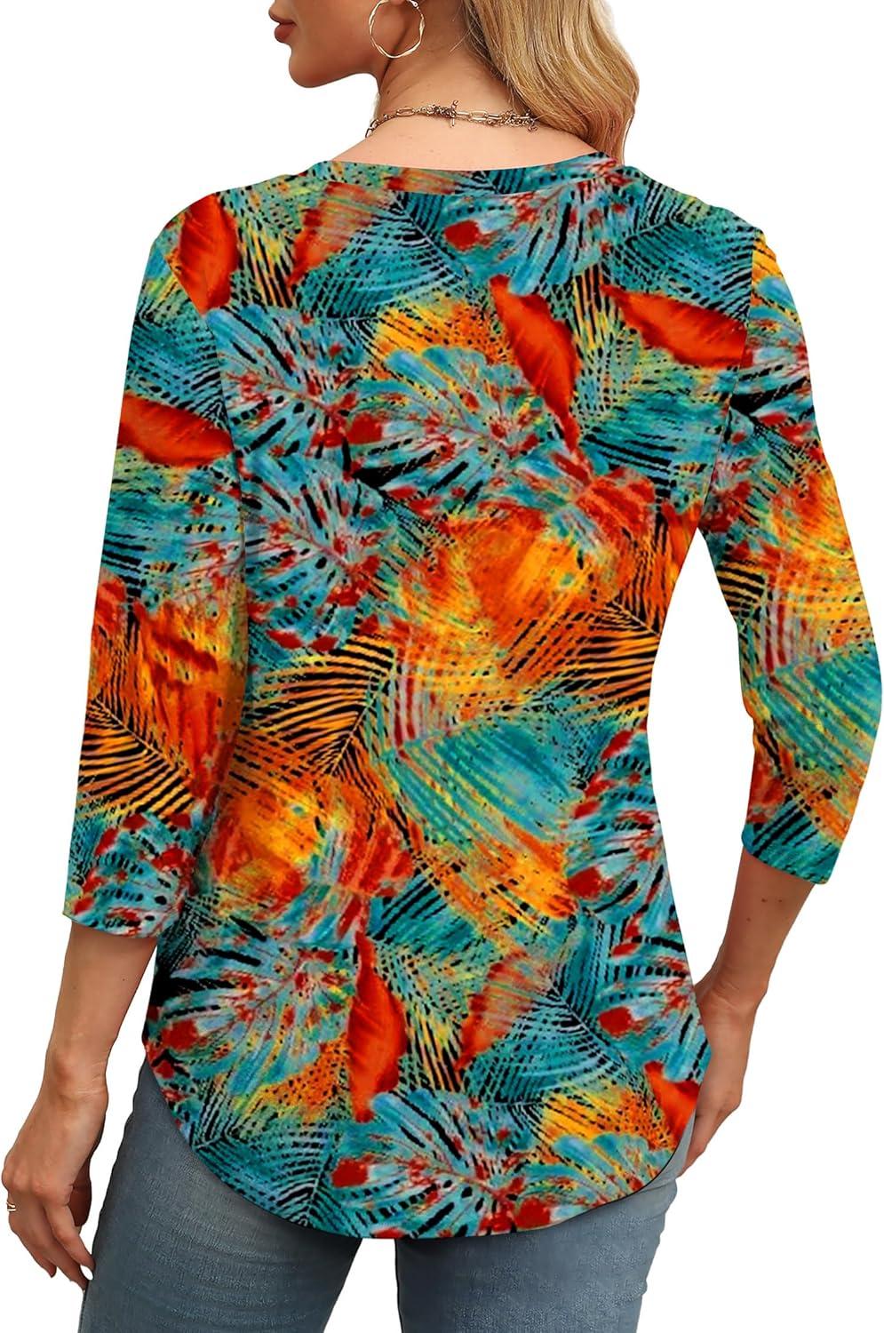 imageXIEERDUO 34 Length Sleeve Womens Tops Round Neck Casual Tunic Tops Basic Pleated Shirts Loose Fit 2025Patternedsummer Floral