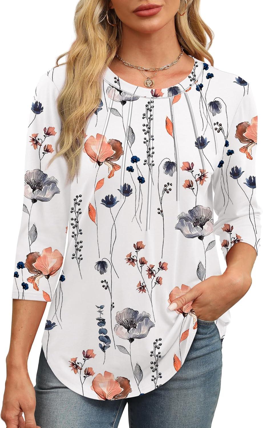imageXIEERDUO 34 Length Sleeve Womens Tops Round Neck Casual Tunic Tops Basic Pleated Shirts Loose Fit 2025Patternedwhite Floral
