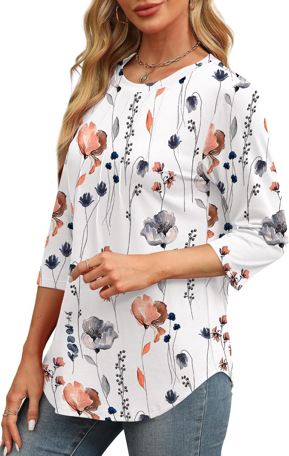imageXIEERDUO 34 Length Sleeve Womens Tops Round Neck Casual Tunic Tops Basic Pleated Shirts Loose Fit 2025Patternedwhite Floral
