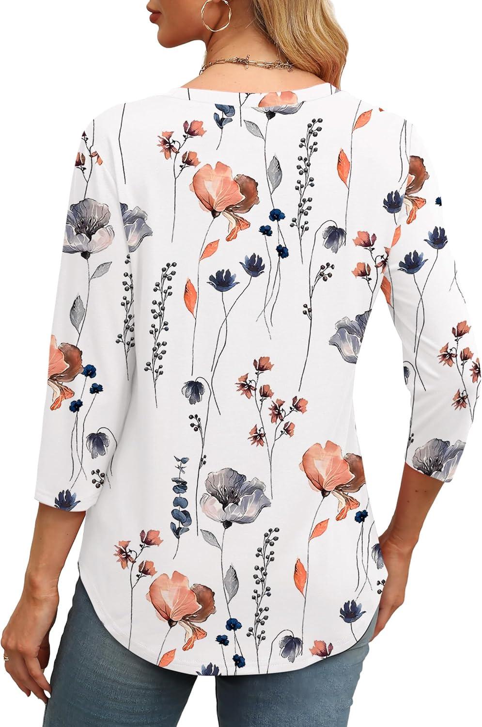 imageXIEERDUO 34 Length Sleeve Womens Tops Round Neck Casual Tunic Tops Basic Pleated Shirts Loose Fit 2025Patternedwhite Floral