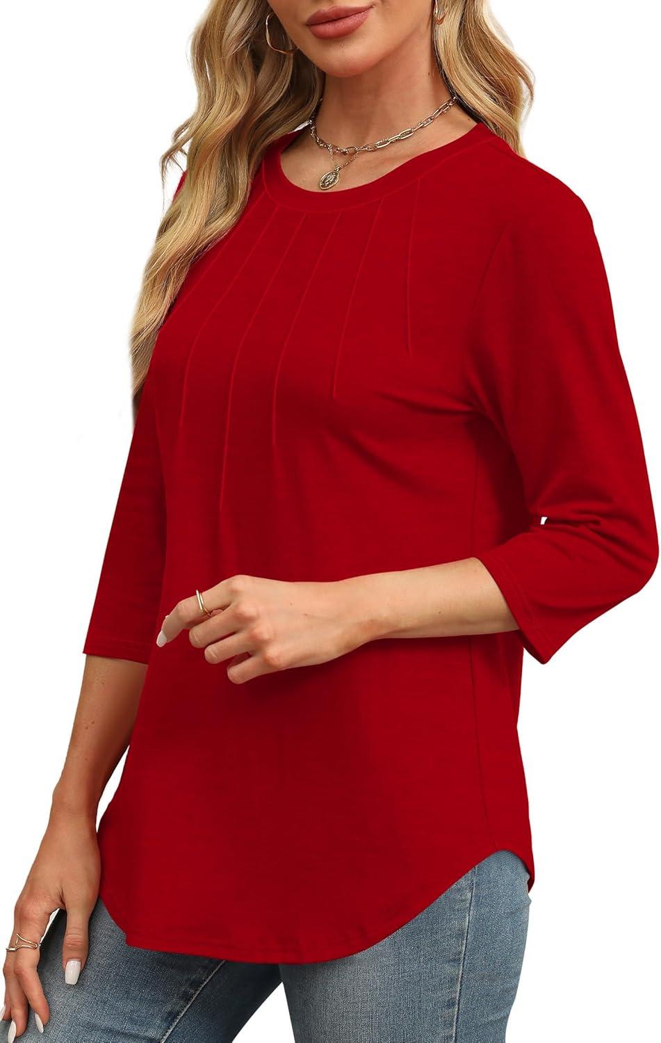 imageXIEERDUO 34 Length Sleeve Womens Tops Round Neck Casual Tunic Tops Basic Pleated Shirts Loose Fit 2025Red
