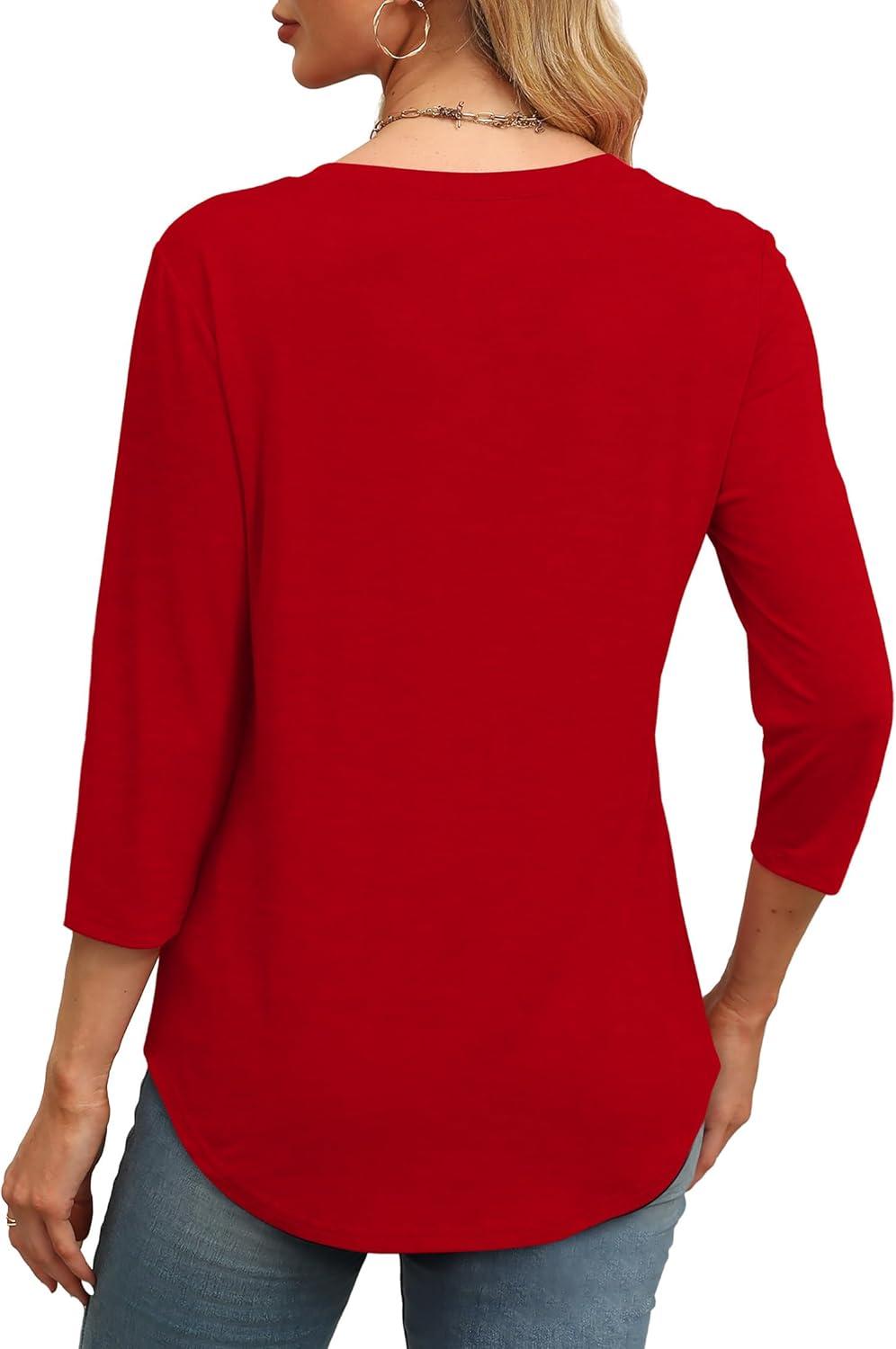 imageXIEERDUO 34 Length Sleeve Womens Tops Round Neck Casual Tunic Tops Basic Pleated Shirts Loose Fit 2025Red