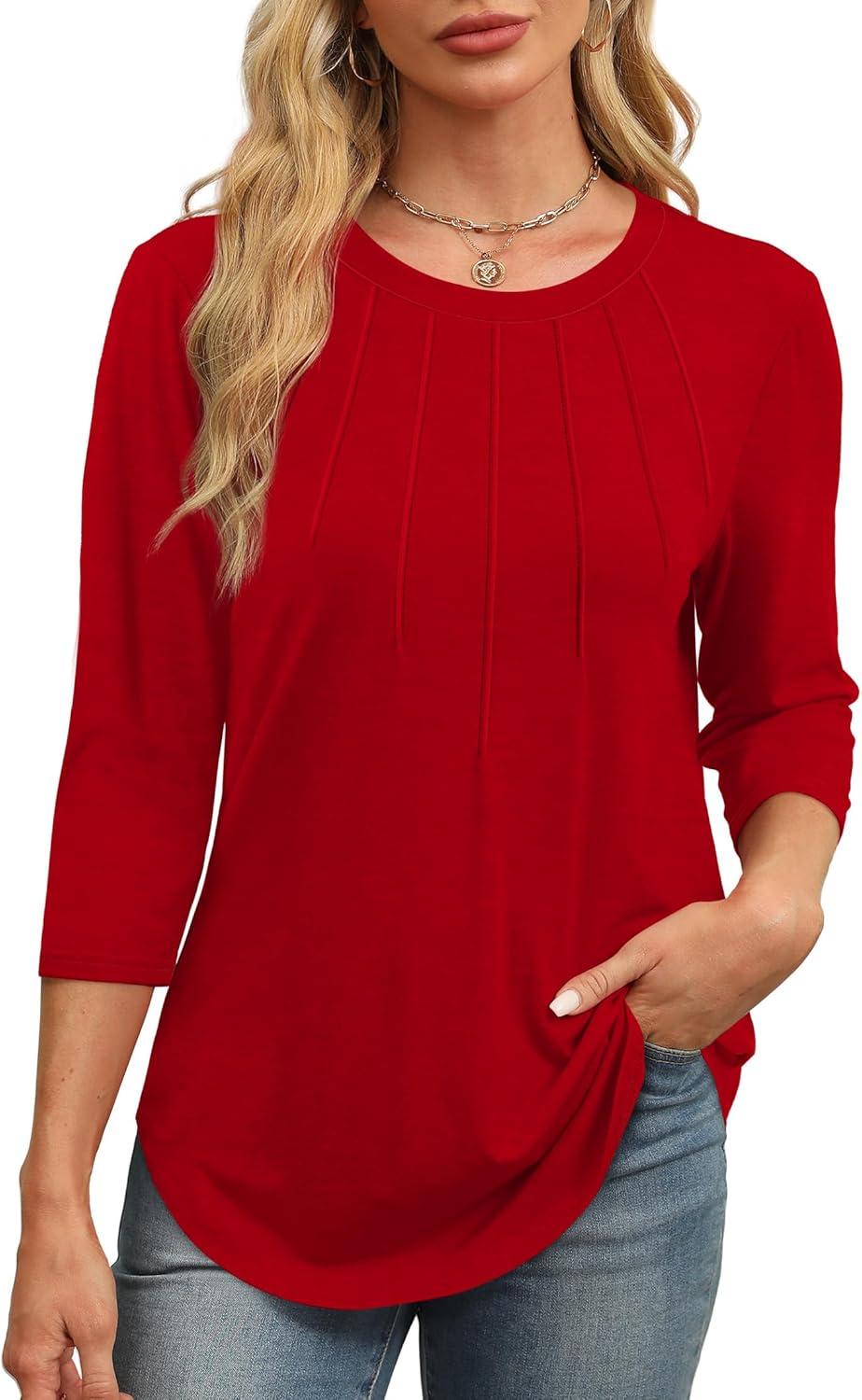 imageXIEERDUO 34 Length Sleeve Womens Tops Round Neck Casual Tunic Tops Basic Pleated Shirts Loose Fit 2025Red