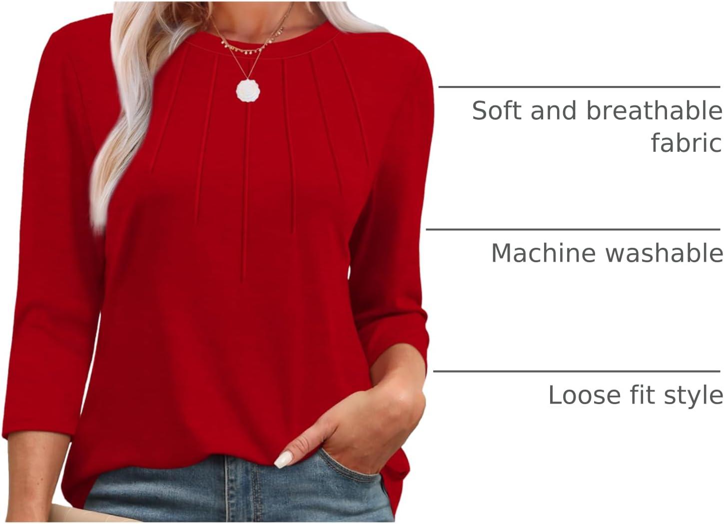 imageXIEERDUO 34 Length Sleeve Womens Tops Round Neck Casual Tunic Tops Basic Pleated Shirts Loose Fit 2025Red