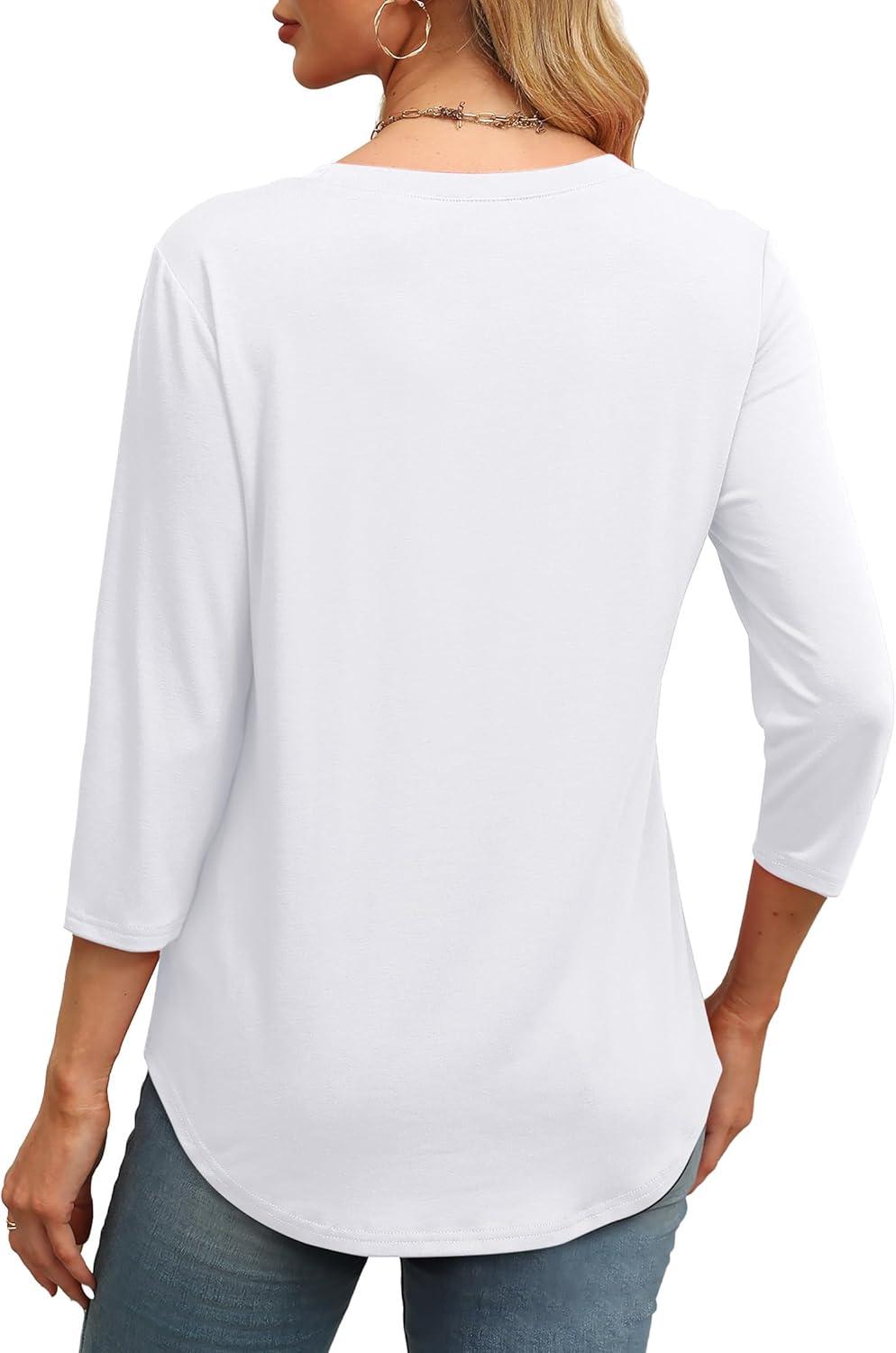 imageXIEERDUO 34 Length Sleeve Womens Tops Round Neck Casual Tunic Tops Basic Pleated Shirts Loose Fit 2025White