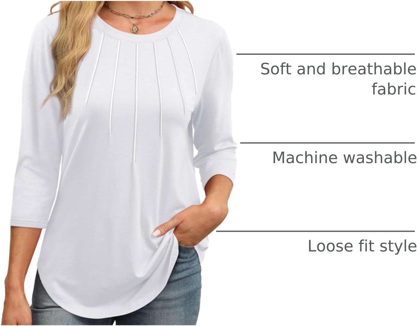 imageXIEERDUO 34 Length Sleeve Womens Tops Round Neck Casual Tunic Tops Basic Pleated Shirts Loose Fit 2025White