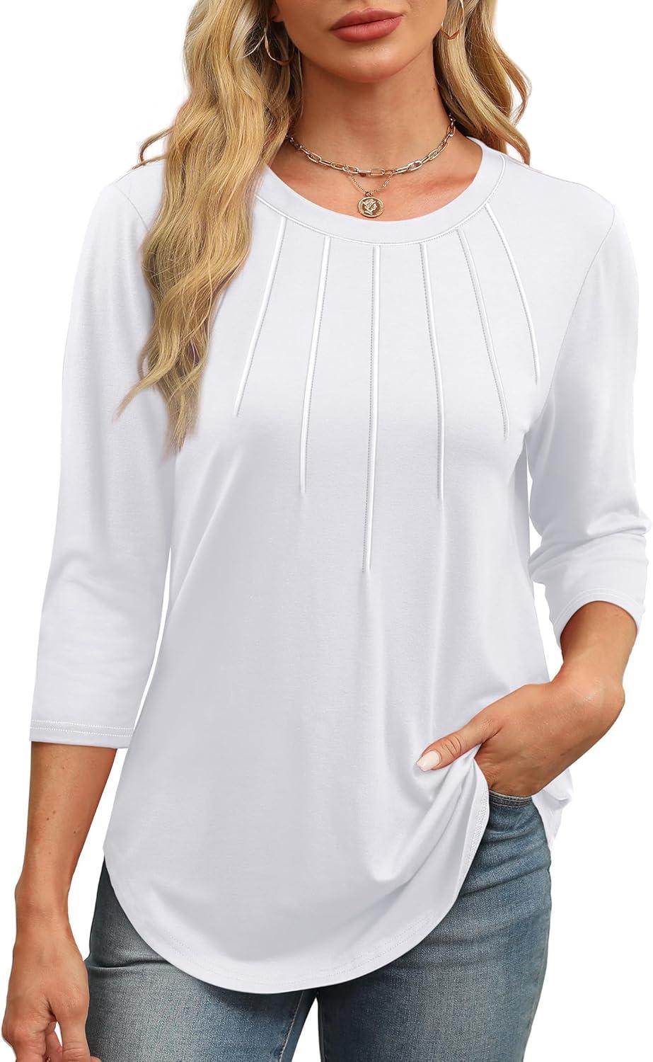 imageXIEERDUO 34 Length Sleeve Womens Tops Round Neck Casual Tunic Tops Basic Pleated Shirts Loose Fit 2025White