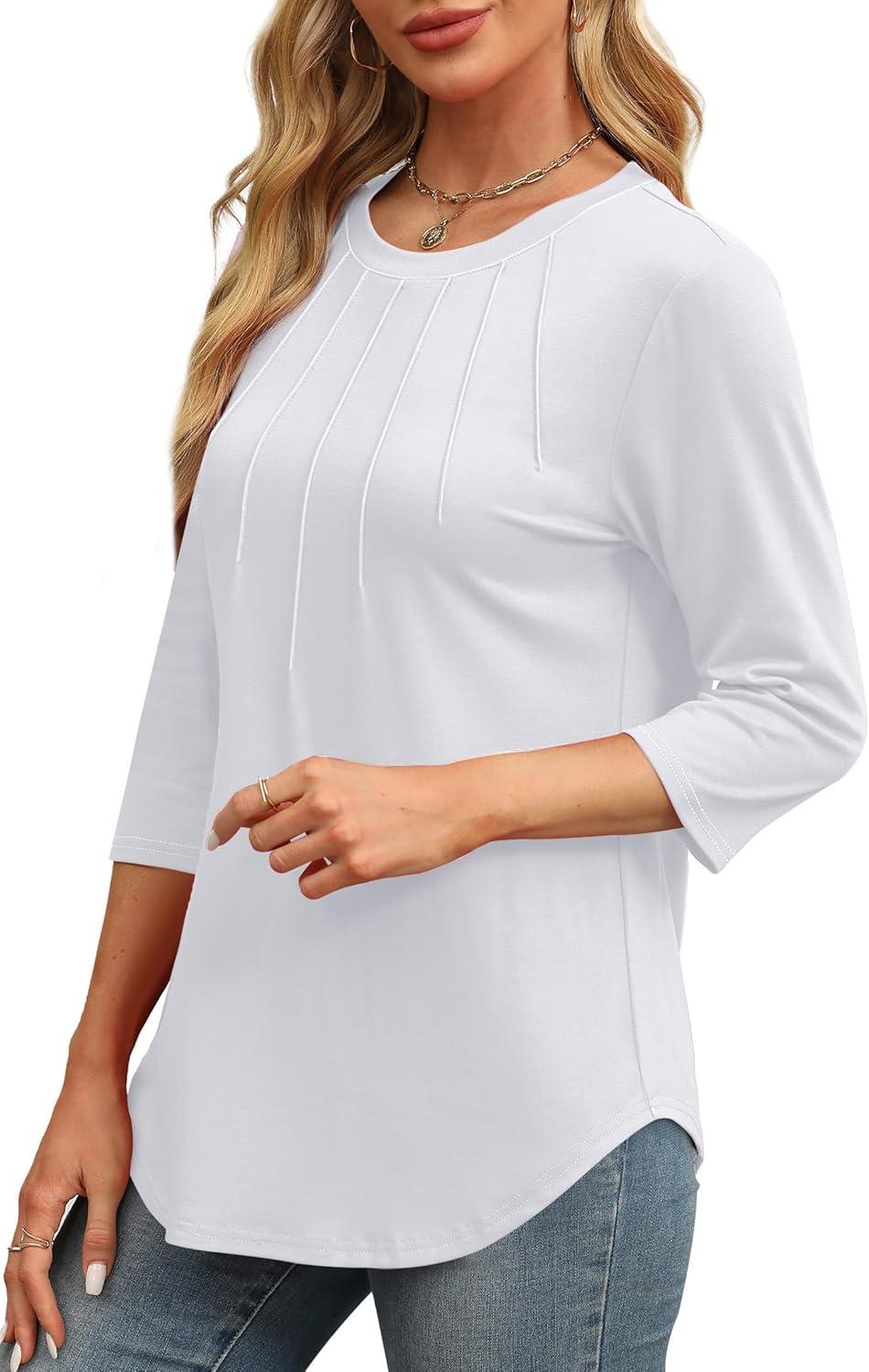 imageXIEERDUO 34 Length Sleeve Womens Tops Round Neck Casual Tunic Tops Basic Pleated Shirts Loose Fit 2025White