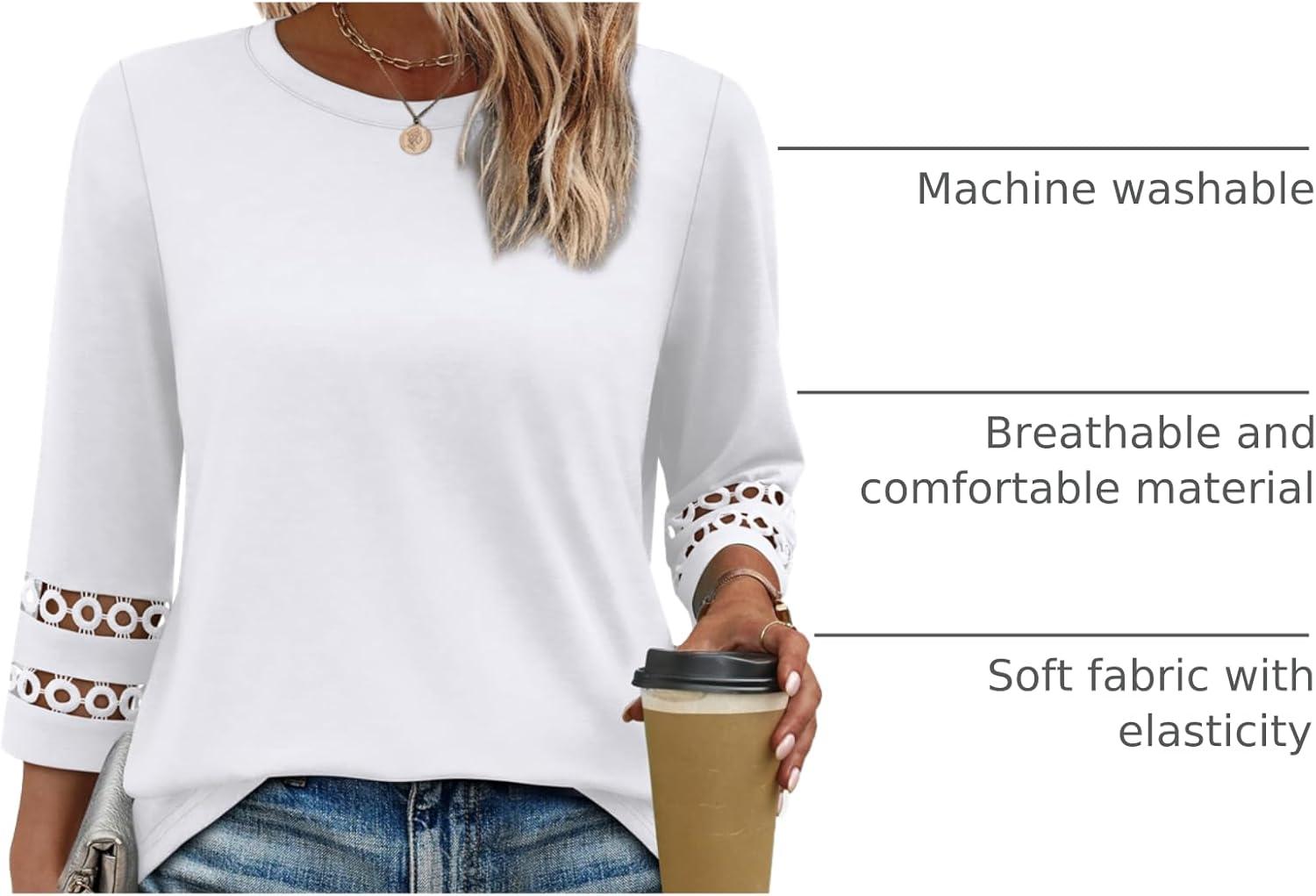 imageXIEERDUO 34 Length Sleeve Womens Tops and Blouses Dressy Casual Crewneck T Shirts Fashion Clothes Loose Fit TrendyAll White