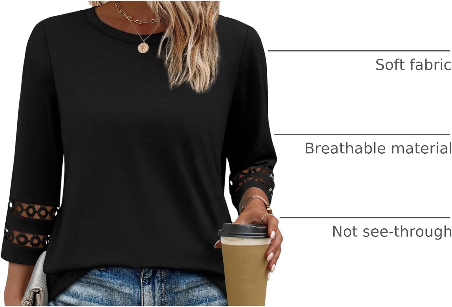 imageXIEERDUO 34 Length Sleeve Womens Tops and Blouses Dressy Casual Crewneck T Shirts Fashion Clothes Loose Fit TrendyBlack