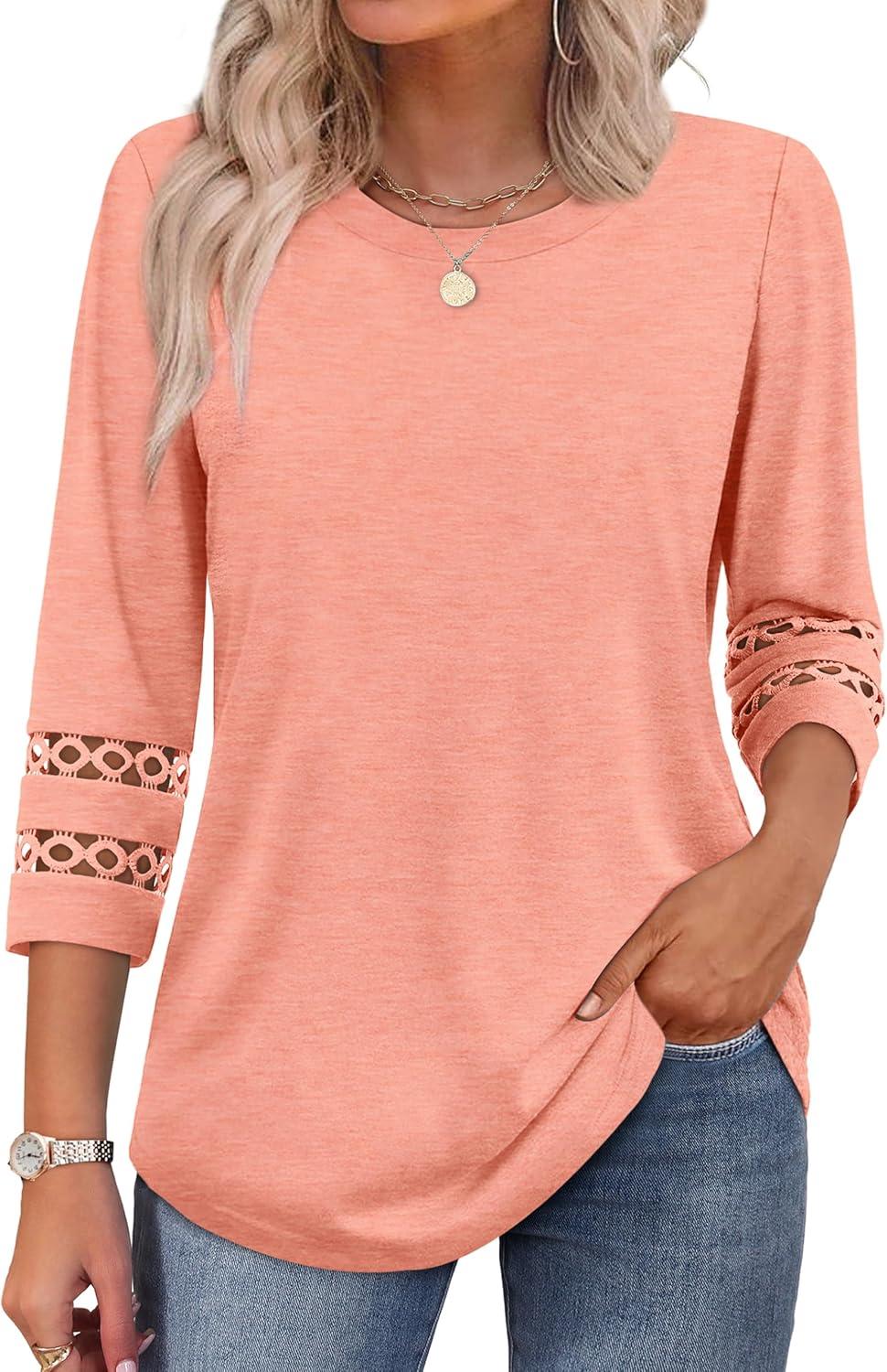 imageXIEERDUO 34 Length Sleeve Womens Tops and Blouses Dressy Casual Crewneck T Shirts Fashion Clothes Loose Fit TrendyCoral
