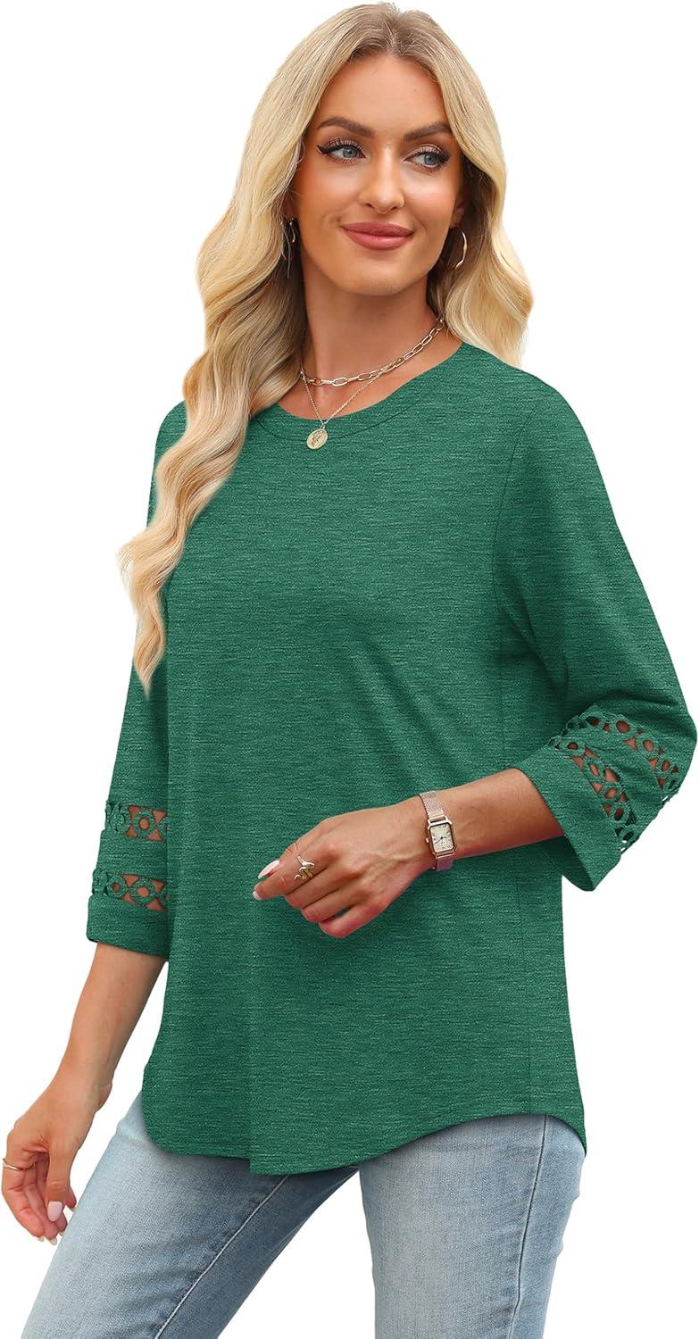 imageXIEERDUO 34 Length Sleeve Womens Tops and Blouses Dressy Casual Crewneck T Shirts Fashion Clothes Loose Fit TrendyGreen