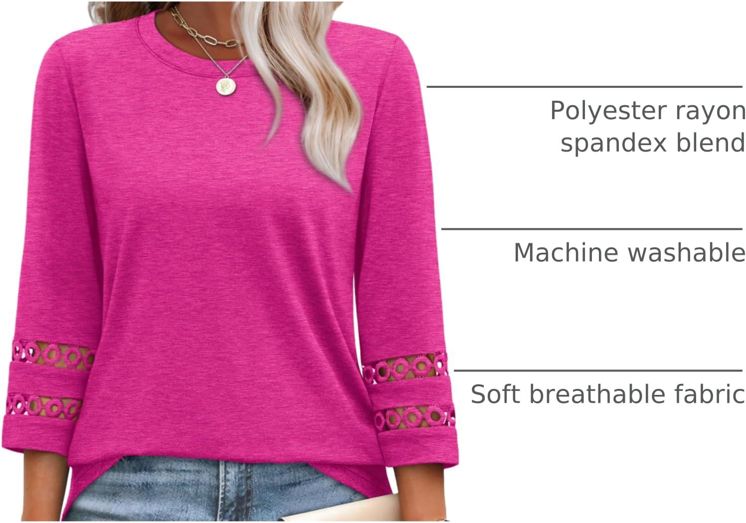 imageXIEERDUO 34 Length Sleeve Womens Tops and Blouses Dressy Casual Crewneck T Shirts Fashion Clothes Loose Fit TrendyHot Pink