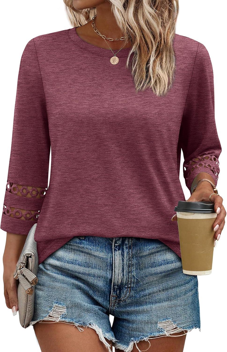 imageXIEERDUO 34 Length Sleeve Womens Tops and Blouses Dressy Casual Crewneck T Shirts Fashion Clothes Loose Fit TrendyWine Red