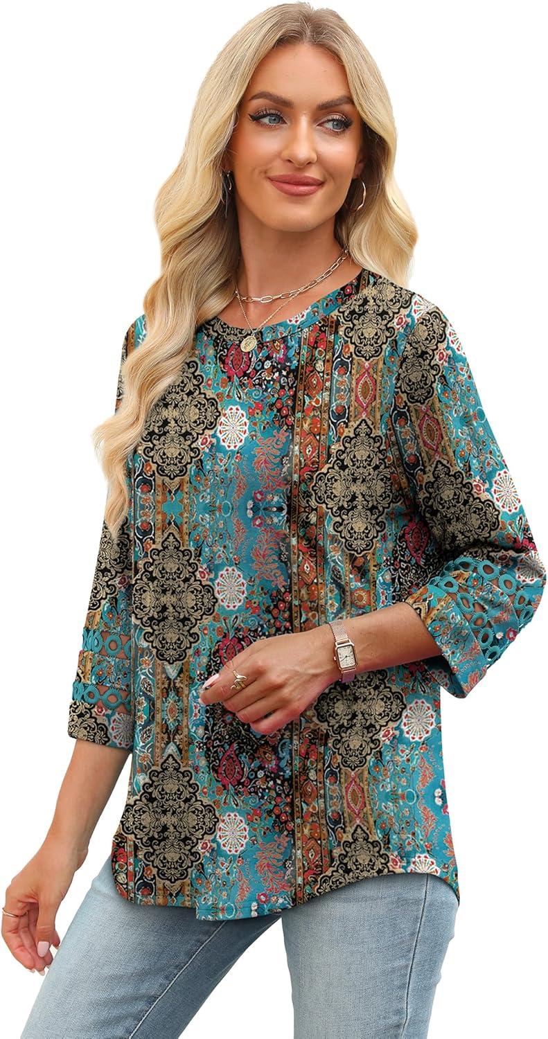 imageXIEERDUO 34 Length Sleeve Womens Tops and Blouses Dressy Casual Crewneck T Shirts Fashion Clothes Loose Fit TrendyZ Boho Multi