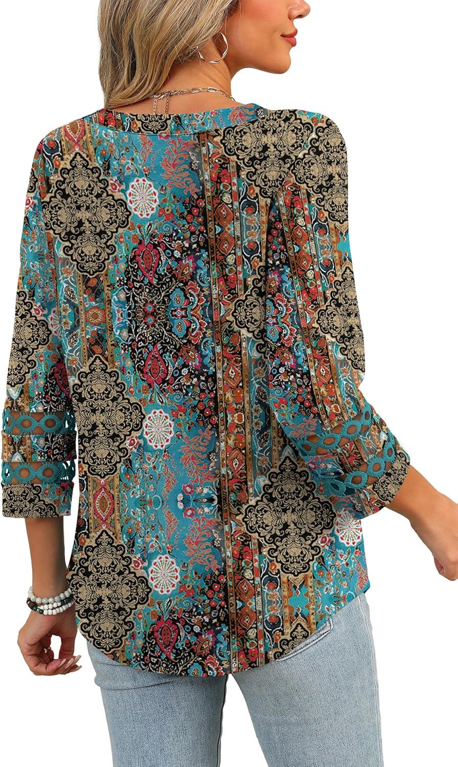 imageXIEERDUO 34 Length Sleeve Womens Tops and Blouses Dressy Casual Crewneck T Shirts Fashion Clothes Loose Fit TrendyZ Boho Multi