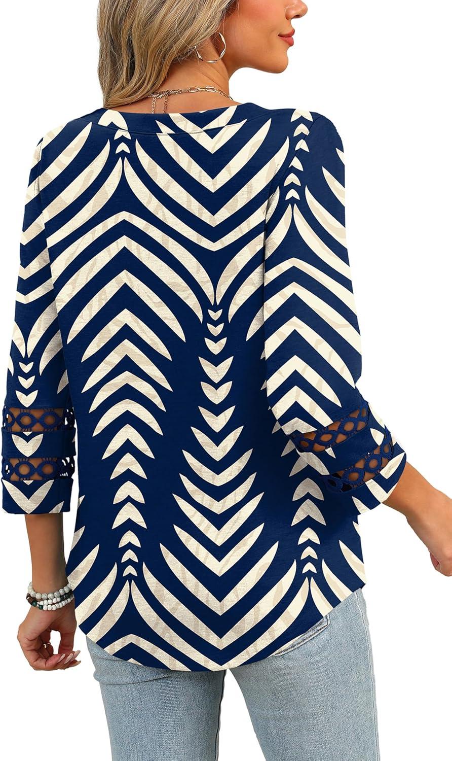 imageXIEERDUO 34 Length Sleeve Womens Tops and Blouses Dressy Casual Crewneck T Shirts Fashion Clothes Loose Fit TrendyZ Print Navy