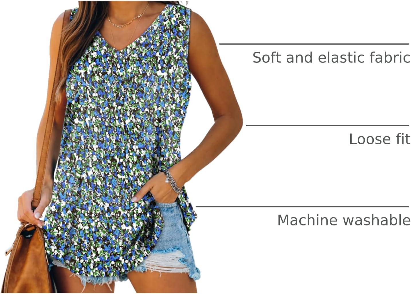 imageXIEERDUO Womens Tank Tops V Neck Basic Solid Color Casual Flowy Summer SleevelessFloral Blue