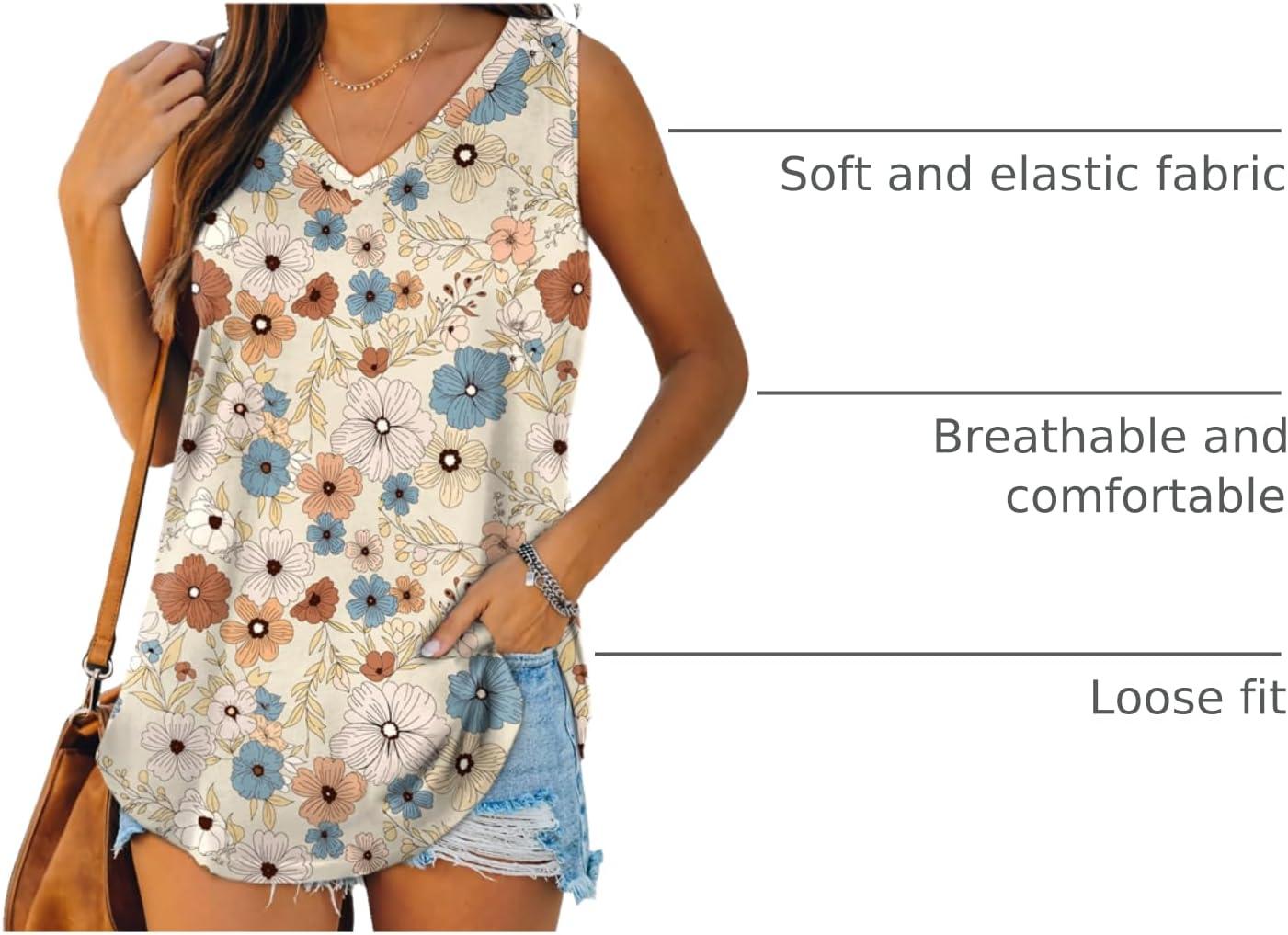 imageXIEERDUO Womens Tank Tops V Neck Basic Solid Color Casual Flowy Summer SleevelessKhaki Floral