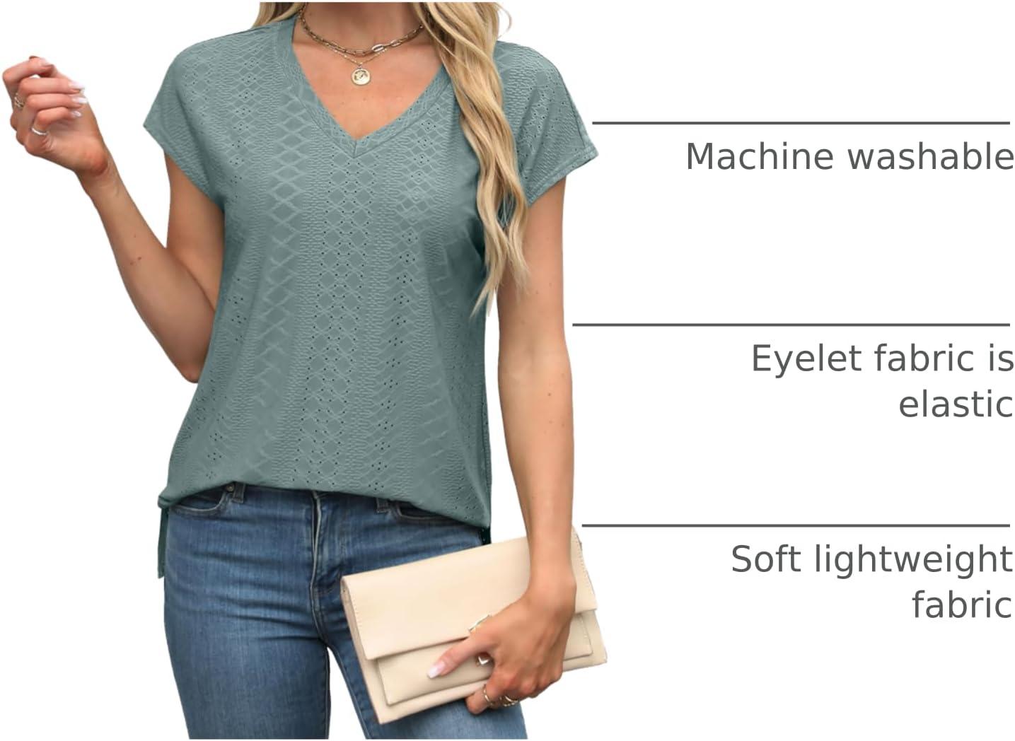imageXIEERDUO Womens Tops V Neck Cap Sleeve Loose Fit Tee Shirts Summer Spring 2025 EyeletPrintedEyelet Green