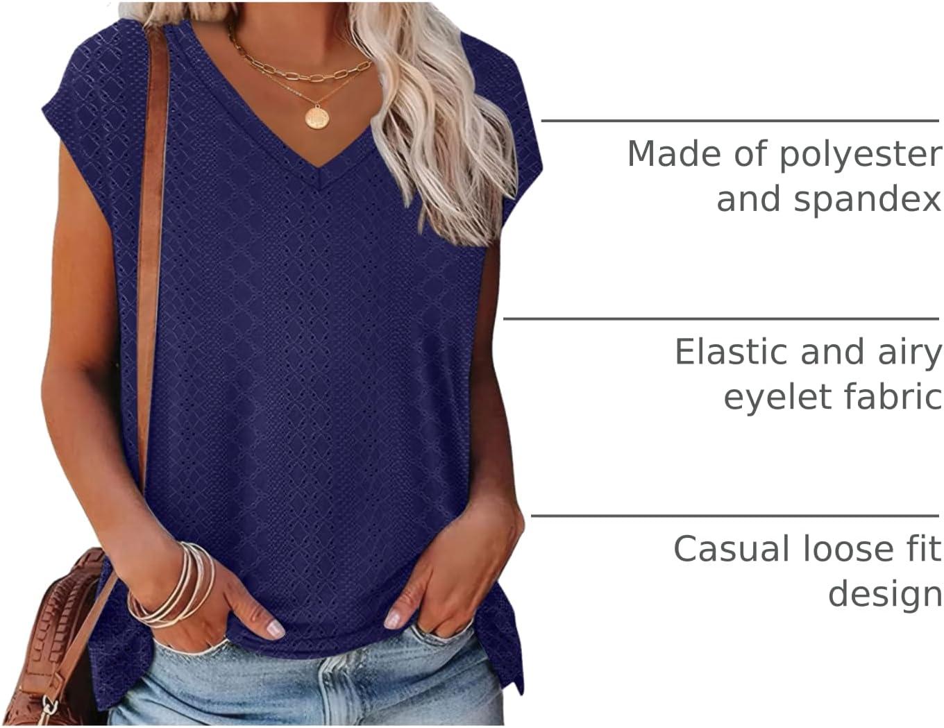 imageXIEERDUO Womens Tops V Neck Cap Sleeve Loose Fit Tee Shirts Summer Spring 2025 EyeletPrintedEyelet Navy