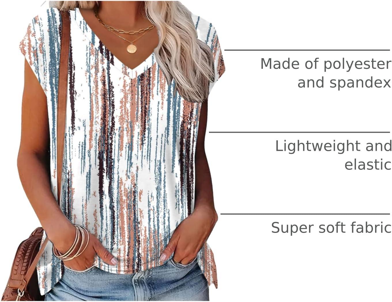 imageXIEERDUO Womens Tops V Neck Cap Sleeve Loose Fit Tee Shirts Summer Spring 2025 EyeletPrintedPrinted B