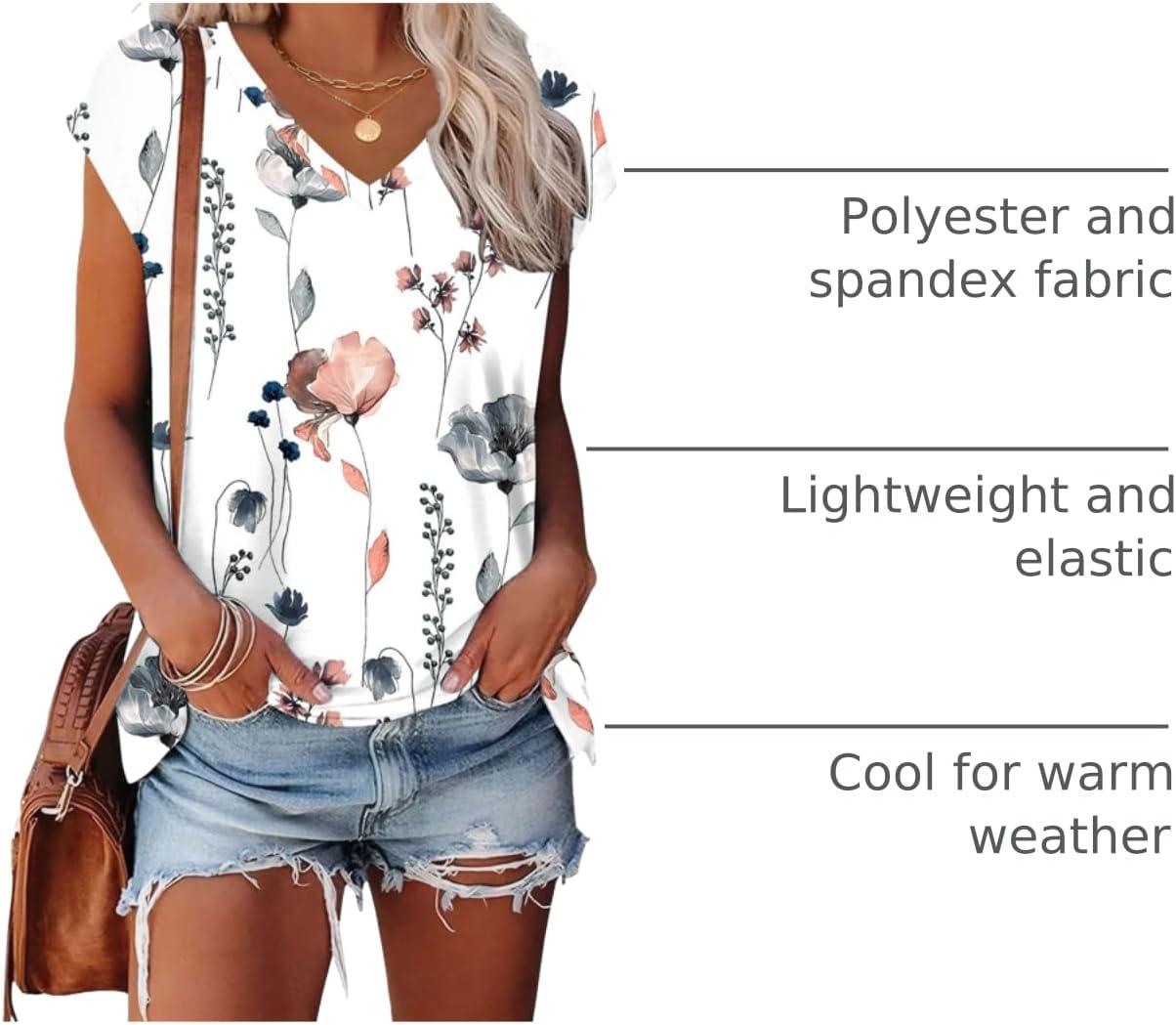 imageXIEERDUO Womens Tops V Neck Cap Sleeve Loose Fit Tee Shirts Summer Spring 2025 EyeletPrintedPrinted D