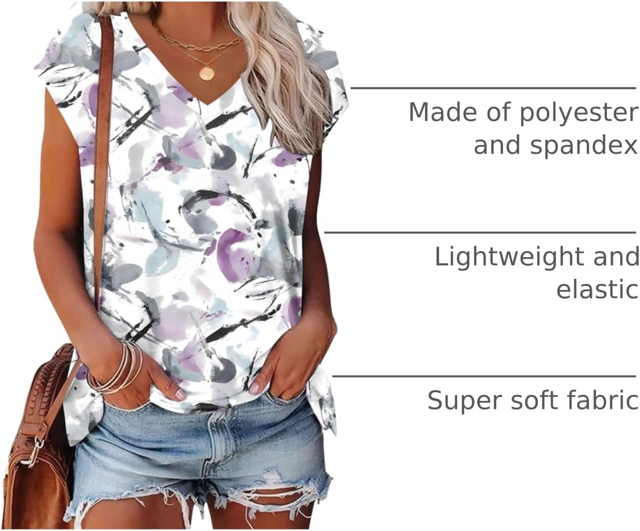imageXIEERDUO Womens Tops V Neck Cap Sleeve Loose Fit Tee Shirts Summer Spring 2025 EyeletPrintedPrinted F